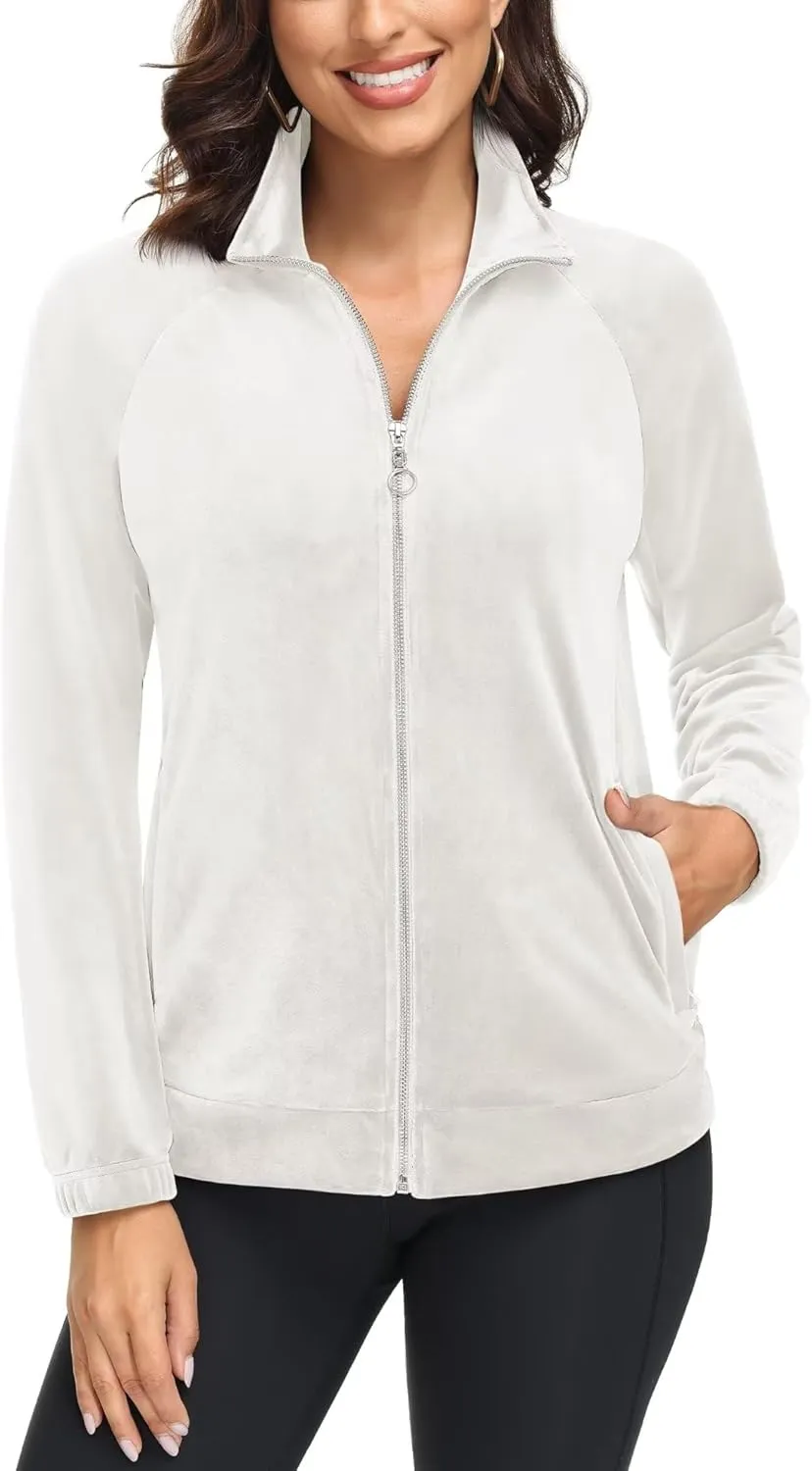MAGCOMSEN Women's Velour Jackets Full Zip-up Fleece Jacket 2 Zipper Pockets Lightweight Soft Casual Winter Warm Coat