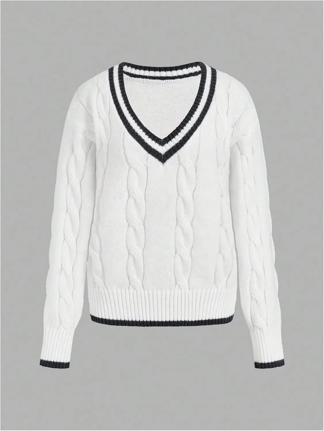 MakeMeChic Women's Cable Knit Sweater Striped V Neck Long Sleeve Preppy Pullovers Sweater Tops