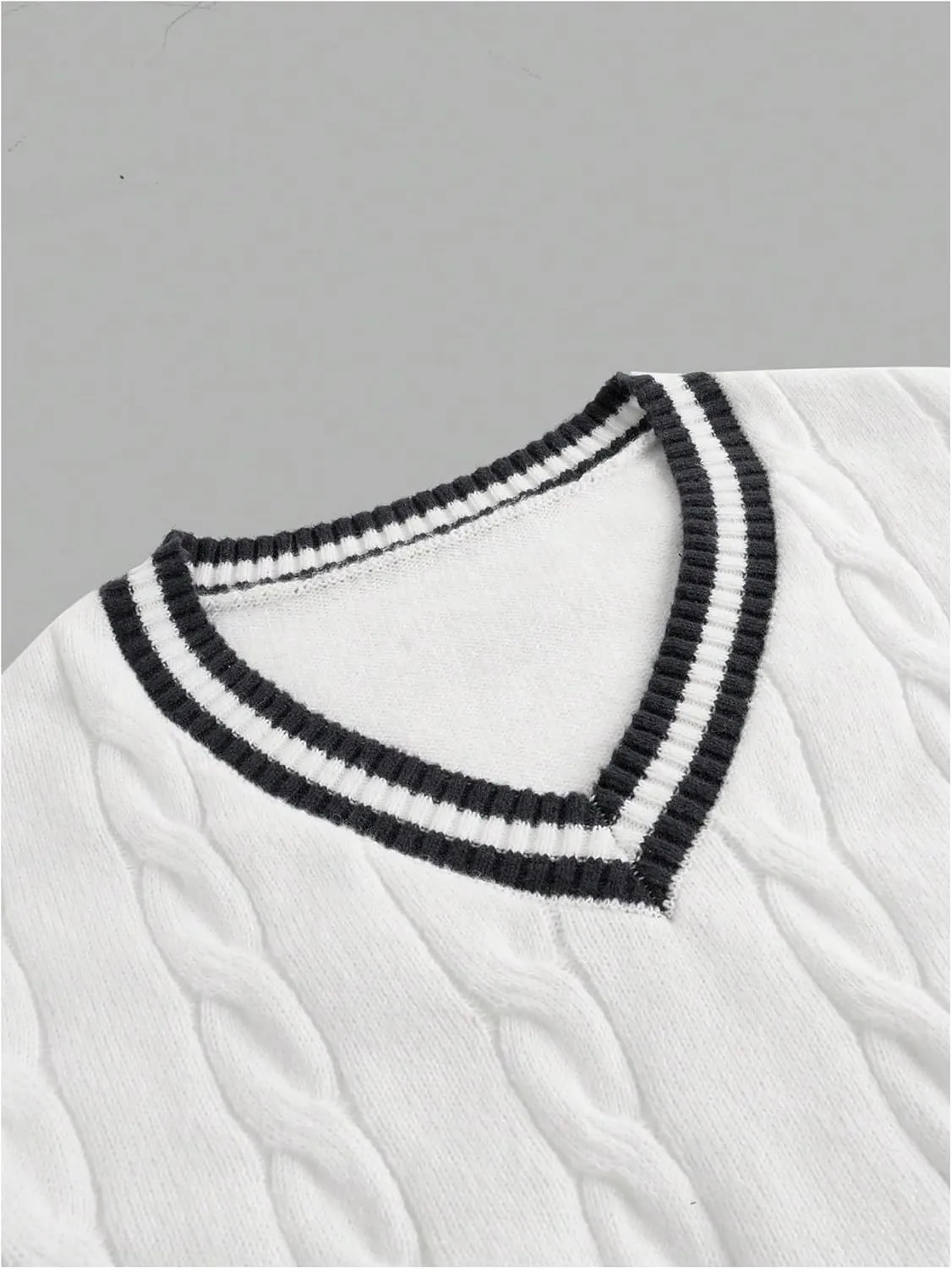 MakeMeChic Women's Cable Knit Sweater Striped V Neck Long Sleeve Preppy Pullovers Sweater Tops