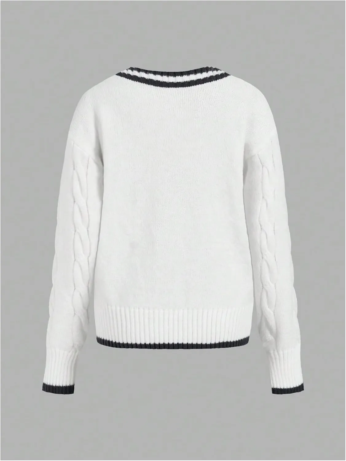 MakeMeChic Women's Cable Knit Sweater Striped V Neck Long Sleeve Preppy Pullovers Sweater Tops