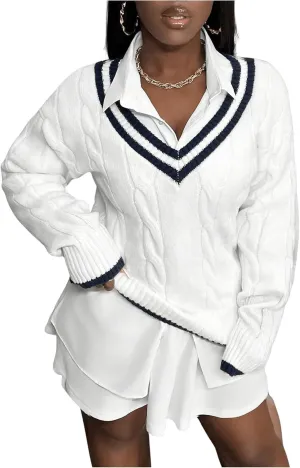 MakeMeChic Women's Cable Knit Sweater Striped V Neck Long Sleeve Preppy Pullovers Sweater Tops