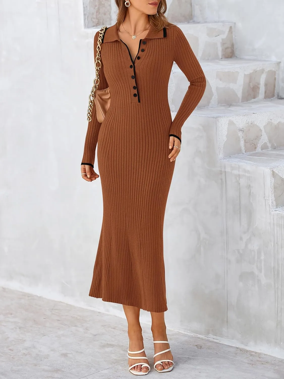 MASCOMODA Women Fall Long Sleeve V Neck Sweater Dress Casual Lapel Button Up Slim Fit Ribbed Knit Long Maxi Dresses