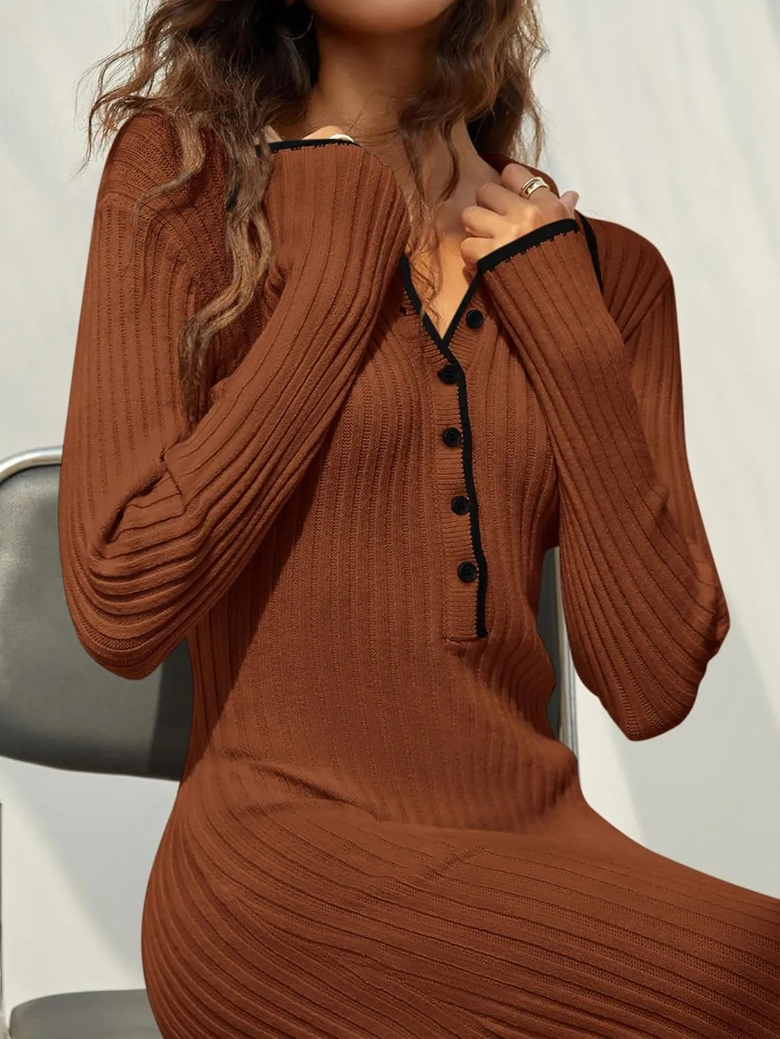 MASCOMODA Women Fall Long Sleeve V Neck Sweater Dress Casual Lapel Button Up Slim Fit Ribbed Knit Long Maxi Dresses