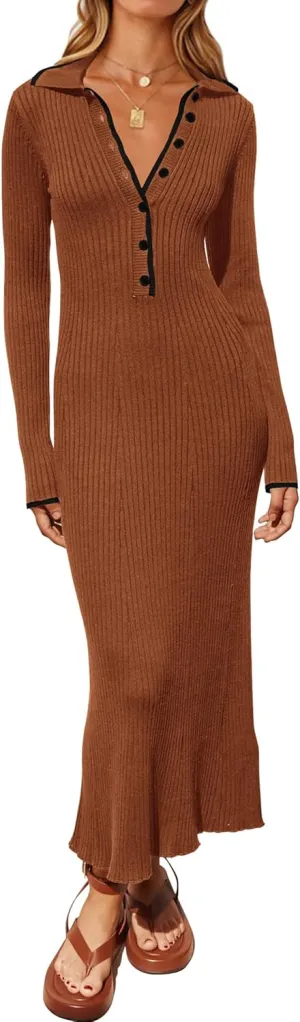 MASCOMODA Women Fall Long Sleeve V Neck Sweater Dress Casual Lapel Button Up Slim Fit Ribbed Knit Long Maxi Dresses