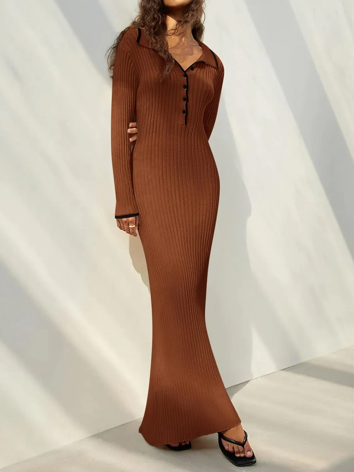 MASCOMODA Women Fall Long Sleeve V Neck Sweater Dress Casual Lapel Button Up Slim Fit Ribbed Knit Long Maxi Dresses