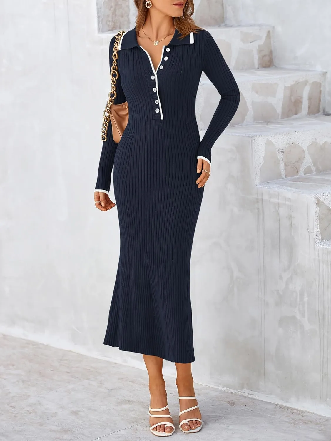 MASCOMODA Women Fall Long Sleeve V Neck Sweater Dress Casual Lapel Button Up Slim Fit Ribbed Knit Long Maxi Dresses
