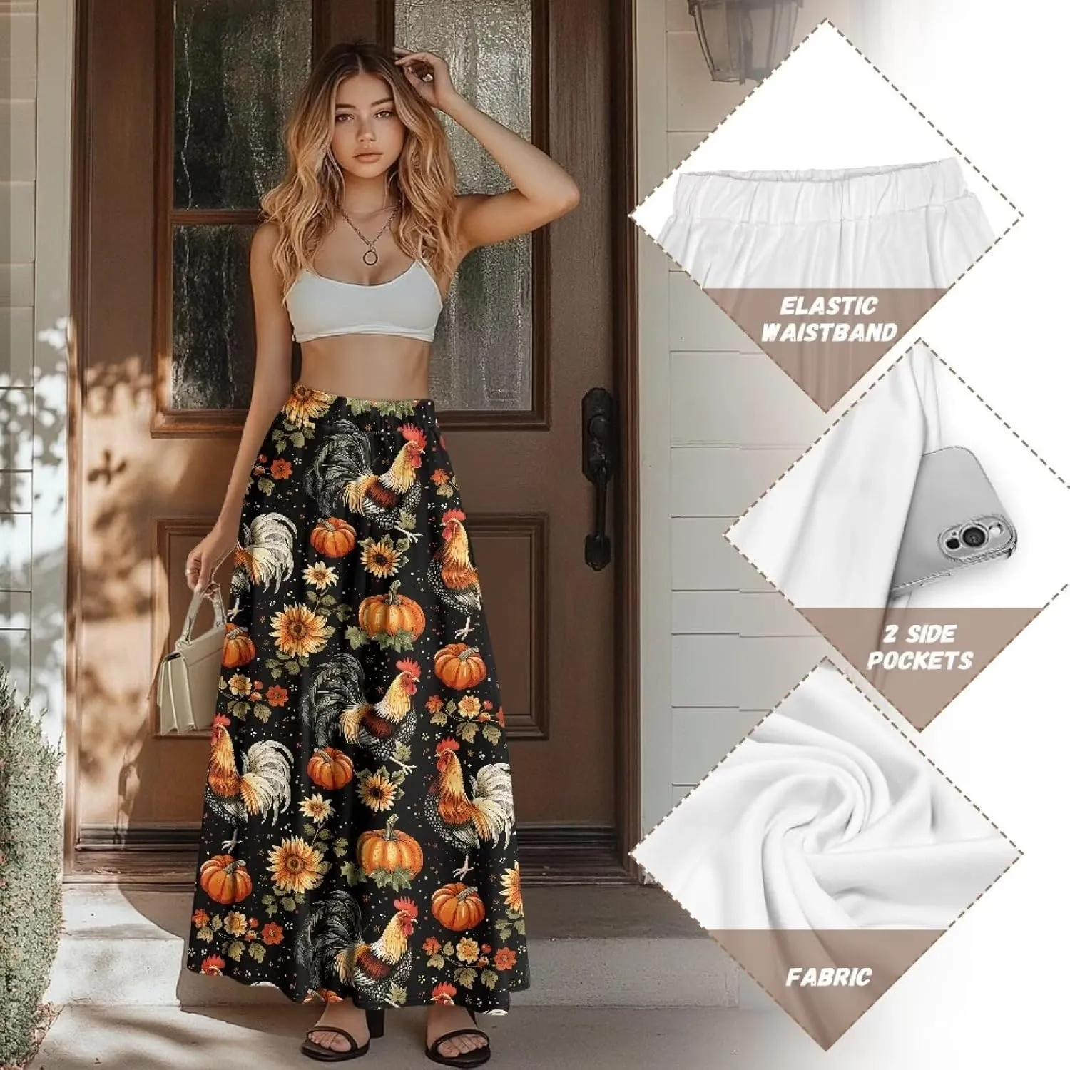 Maxi Skirt for Women Flowy High Waisted Long Skirt with Pockets Swing Skirts for Party Festival Wedding Size S-2XL