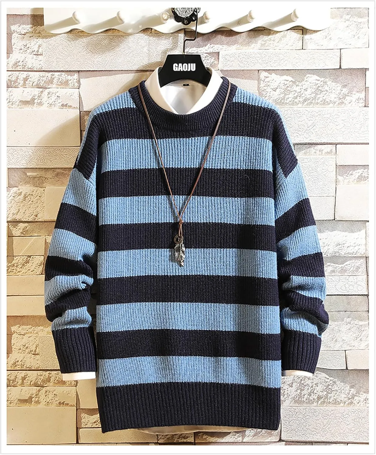 Men Casual Long Sleeve Striped Sweaters Oversized Knit Pullover Autumn Winter Fashion Sweater Jumpers Tops