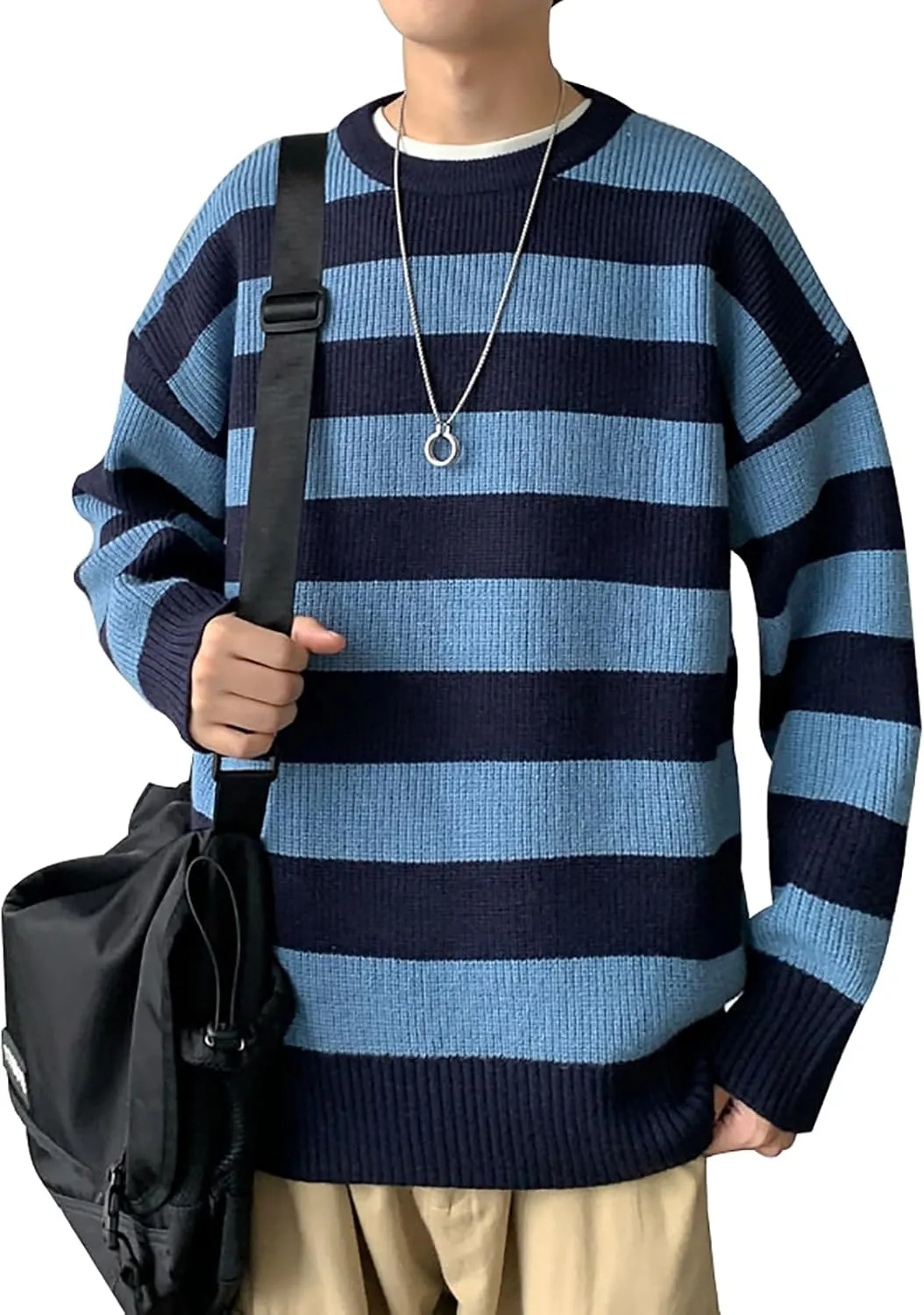 Men Casual Long Sleeve Striped Sweaters Oversized Knit Pullover Autumn Winter Fashion Sweater Jumpers Tops