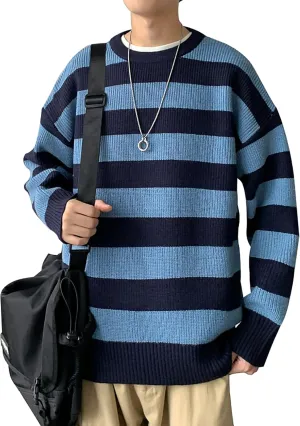 Men Casual Long Sleeve Striped Sweaters Oversized Knit Pullover Autumn Winter Fashion Sweater Jumpers Tops