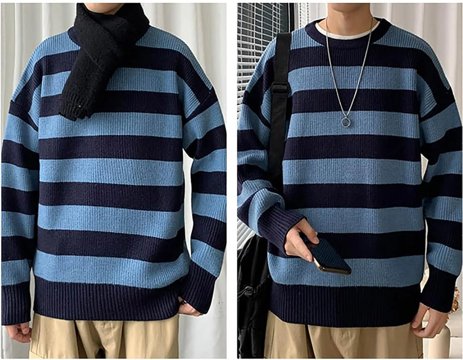 Men Casual Long Sleeve Striped Sweaters Oversized Knit Pullover Autumn Winter Fashion Sweater Jumpers Tops