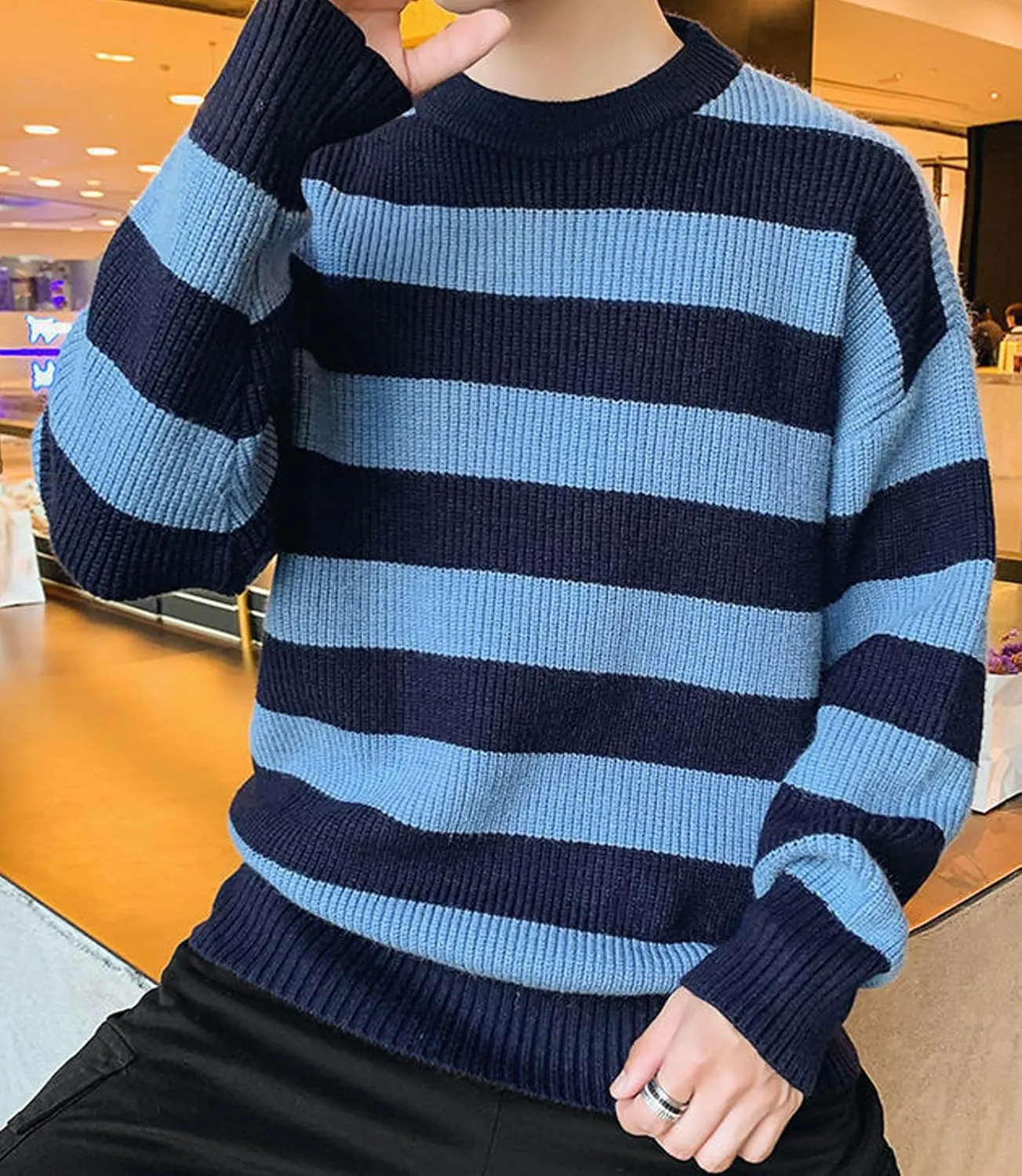 Men Casual Long Sleeve Striped Sweaters Oversized Knit Pullover Autumn Winter Fashion Sweater Jumpers Tops
