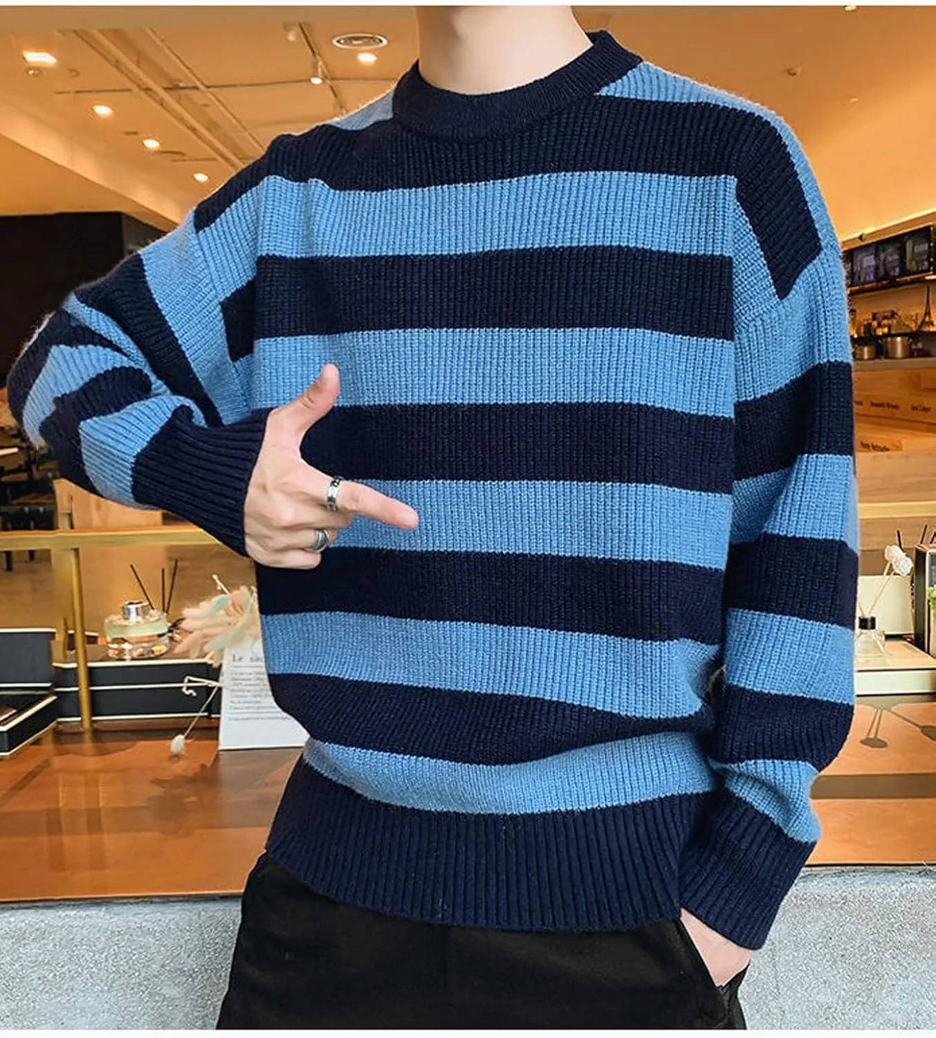 Men Casual Long Sleeve Striped Sweaters Oversized Knit Pullover Autumn Winter Fashion Sweater Jumpers Tops