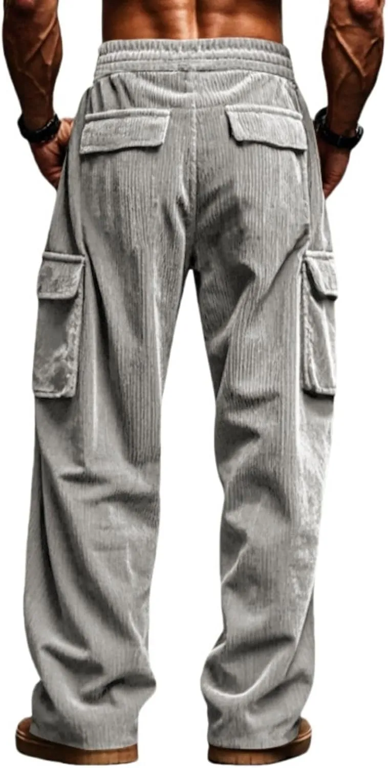 Mens Corduroy Cargo Pants Drawstring Elastic Waist Sweatpants Straight Fit Stretch Waist Athletic Gym Workout Pants