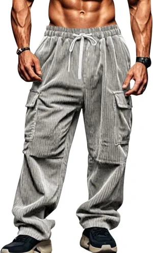 Mens Corduroy Cargo Pants Drawstring Elastic Waist Sweatpants Straight Fit Stretch Waist Athletic Gym Workout Pants