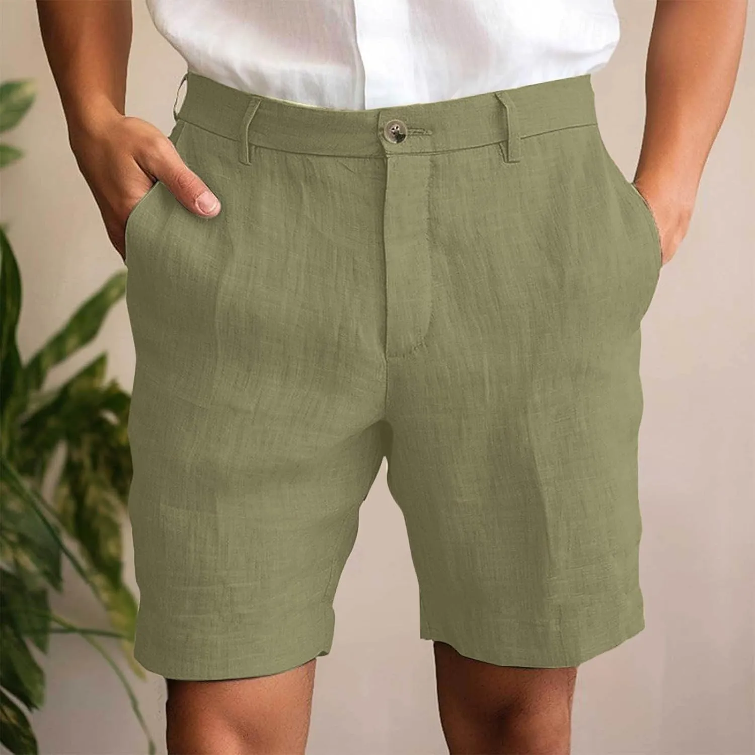Mens Cotton Linen Shorts Flat Front Business Casual Dress Pants Button Up Elastic Waist Summer Beach Slim Fit Short
