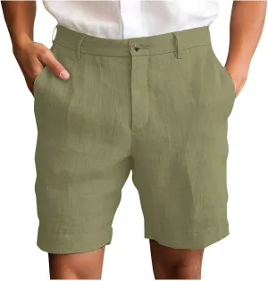 Mens Cotton Linen Shorts Flat Front Business Casual Dress Pants Button Up Elastic Waist Summer Beach Slim Fit Short