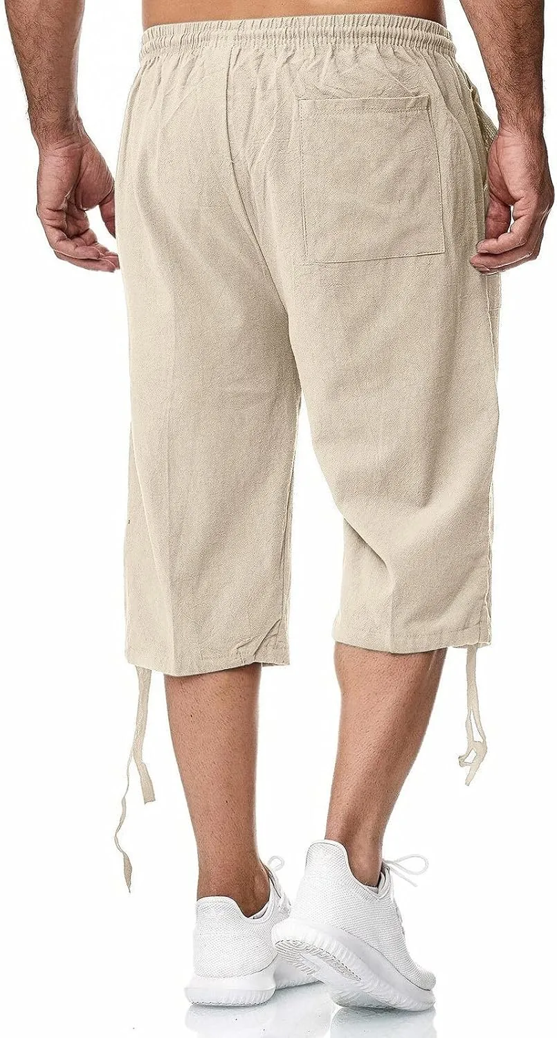 Mens Linen Below Knee Length 3/4 Drawstring Soft Casual Summer Sport Running Lounge Work Capri Shorts Pant