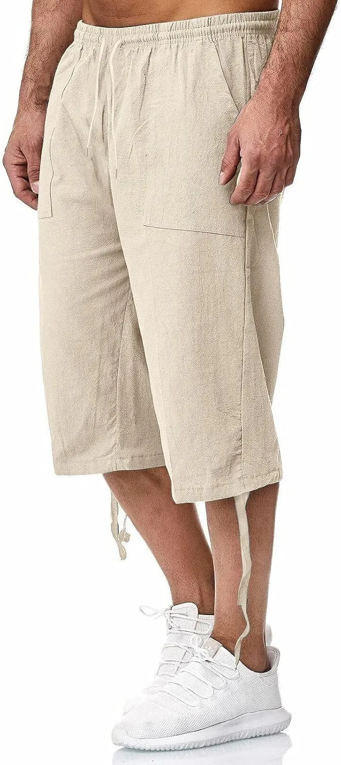 Mens Linen Below Knee Length 3/4 Drawstring Soft Casual Summer Sport Running Lounge Work Capri Shorts Pant