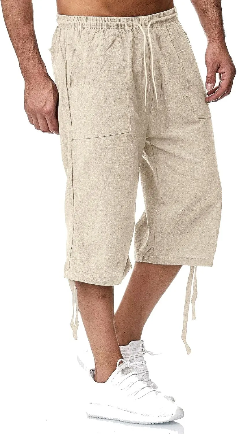 Mens Linen Below Knee Length 3/4 Drawstring Soft Casual Summer Sport Running Lounge Work Capri Shorts Pant
