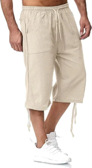 Mens Linen Below Knee Length 3/4 Drawstring Soft Casual Summer Sport Running Lounge Work Capri Shorts Pant