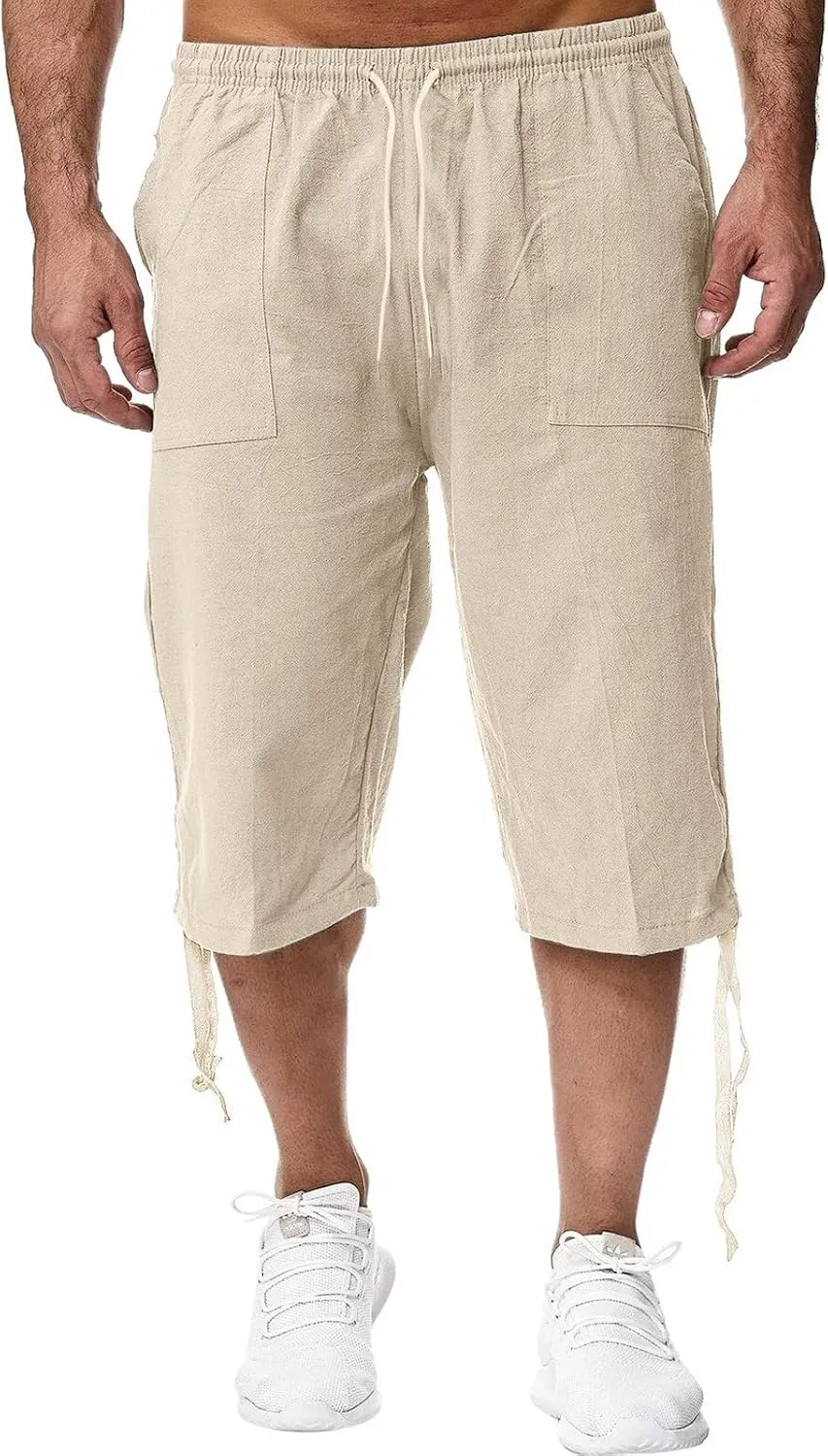Mens Linen Below Knee Length 3/4 Drawstring Soft Casual Summer Sport Running Lounge Work Capri Shorts Pant