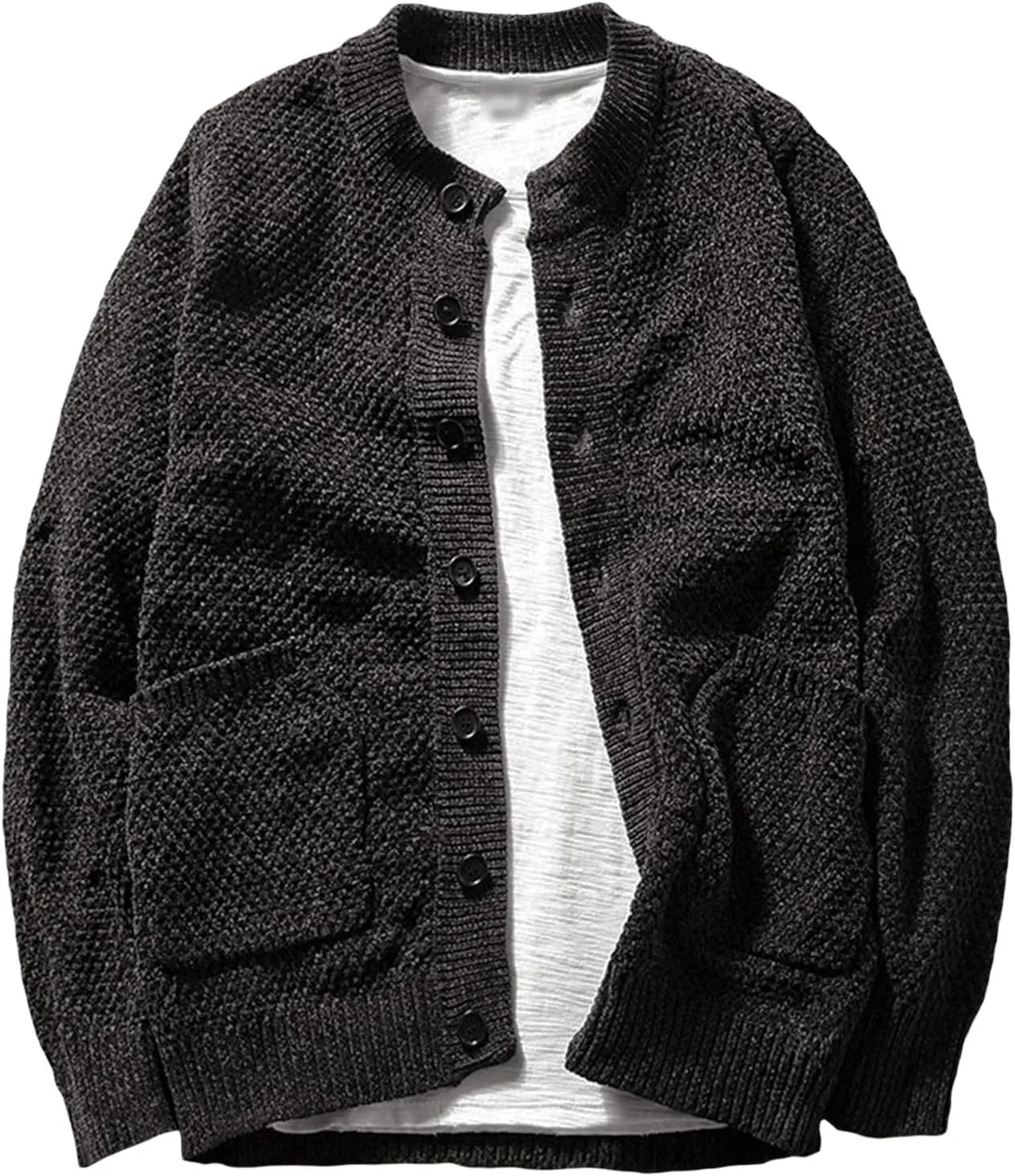 Men's Vintage Crew Neck Cardigan Sweater Long Sleeve Button Down Knitwear with Pocket Comfort Chunky Sweater Coat