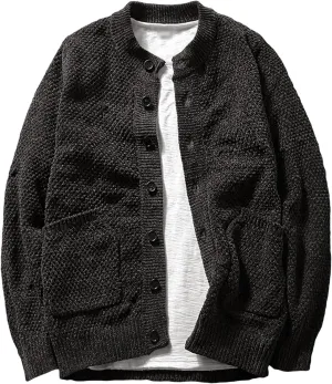Men's Vintage Crew Neck Cardigan Sweater Long Sleeve Button Down Knitwear with Pocket Comfort Chunky Sweater Coat