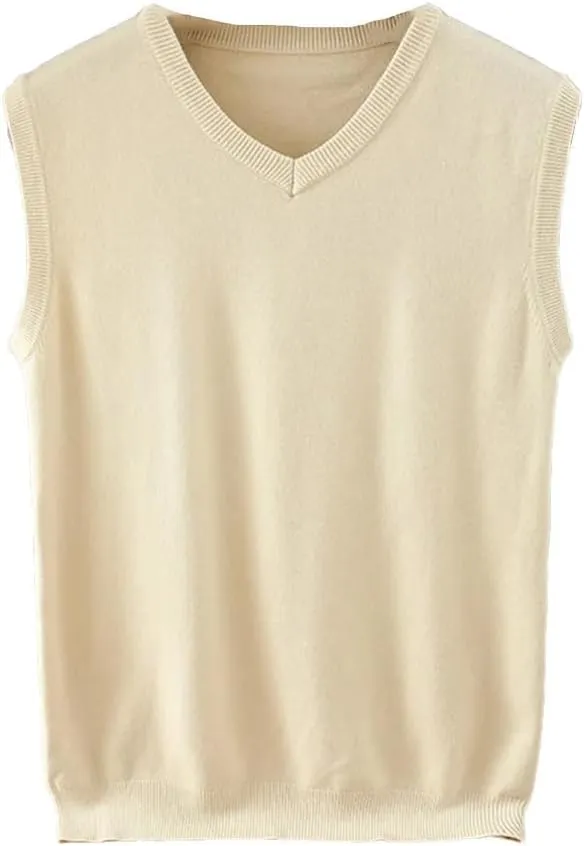 Men's Wool Knitted Vest V-Neck Solid Color Soft Warm Vest Sweater Sleeveless Pullover Sweater