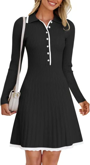 MEROKEETY Women's Long Sleeve V Neck Sweater Dress 2025 Spring Button Knit Pleated Mini Work Dresses