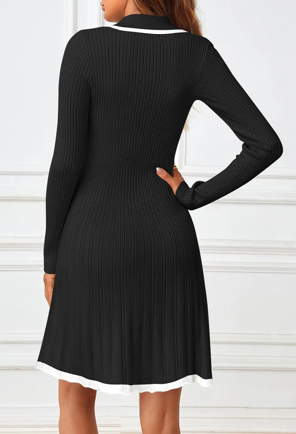 MEROKEETY Women's Long Sleeve V Neck Sweater Dress 2025 Spring Button Knit Pleated Mini Work Dresses