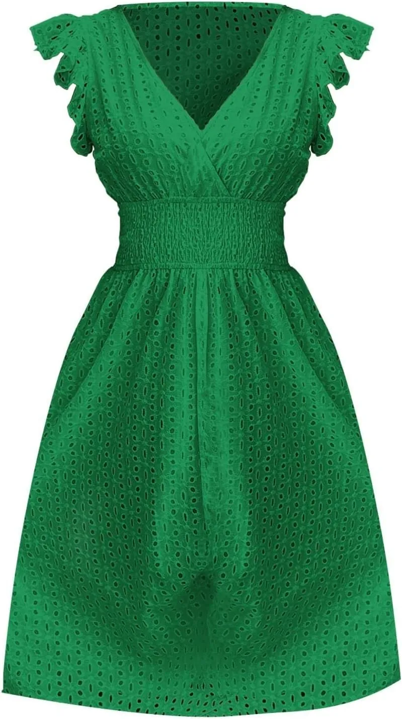 Midi Dresses for Women 2025 Wrap V Neck Lace Ruffle Sleeve Boho Dress Empire Waist Swing Flowy Beach Casual Dresses