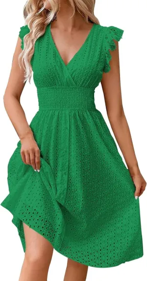 Midi Dresses for Women 2025 Wrap V Neck Lace Ruffle Sleeve Boho Dress Empire Waist Swing Flowy Beach Casual Dresses
