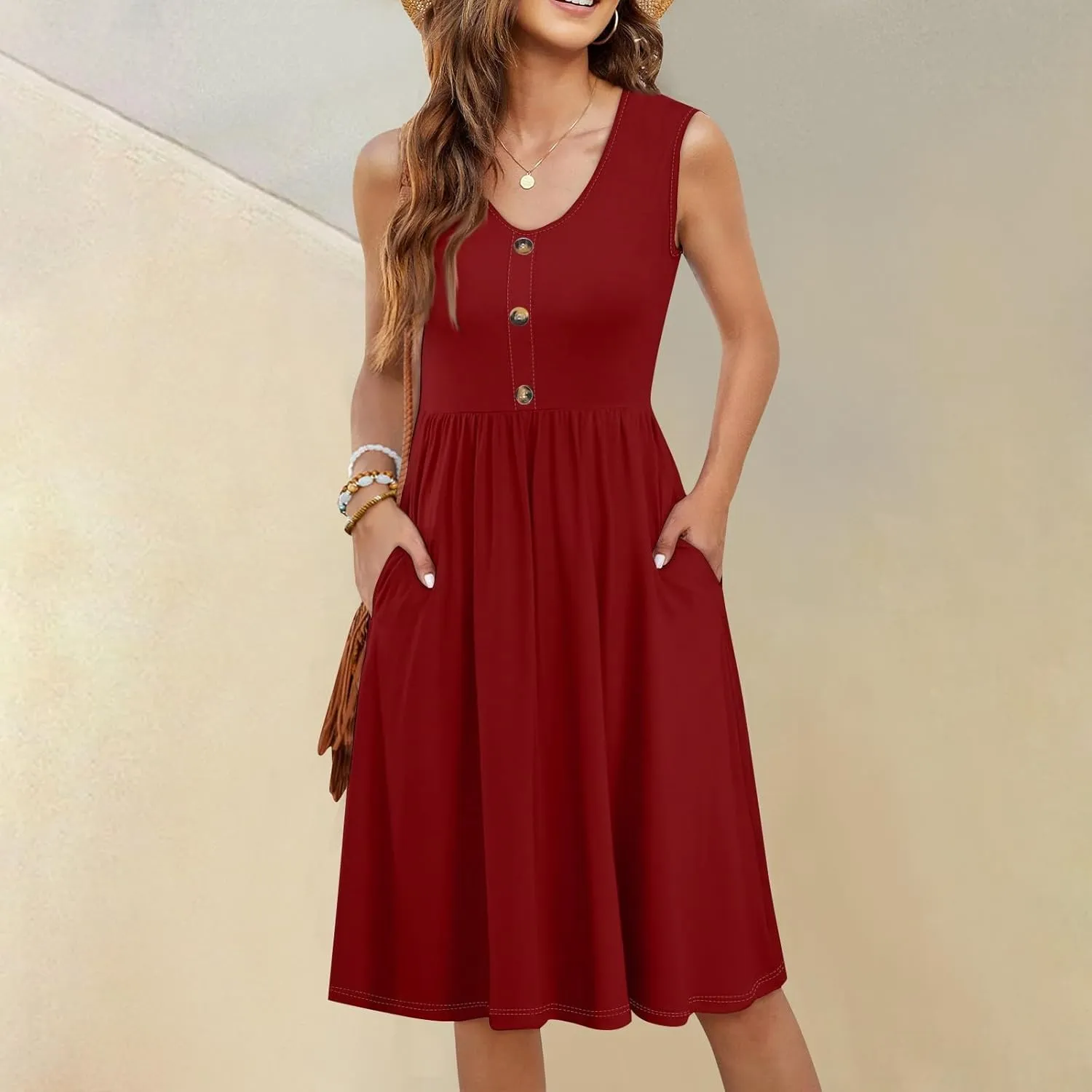 Midi Dresses for Women V Neck Button Sleeveless Tunic Sundress Summer Boho Beach Flowy A Line Tank Dress with Pockets