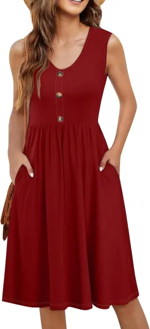 Midi Dresses for Women V Neck Button Sleeveless Tunic Sundress Summer Boho Beach Flowy A Line Tank Dress with Pockets