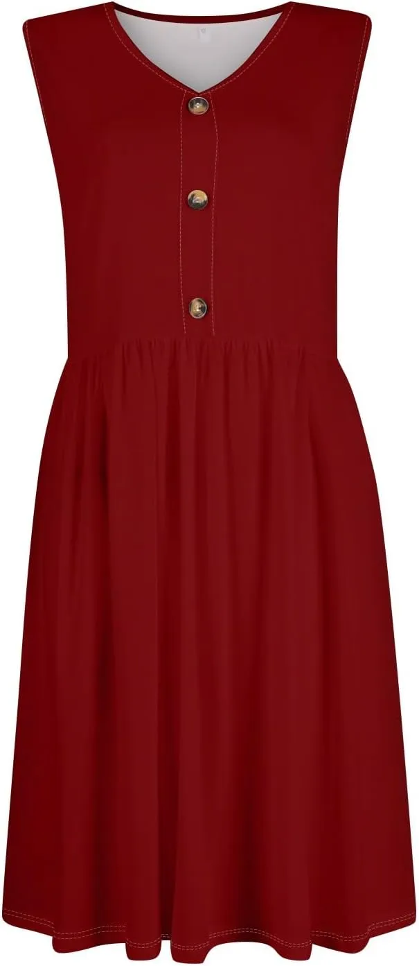 Midi Dresses for Women V Neck Button Sleeveless Tunic Sundress Summer Boho Beach Flowy A Line Tank Dress with Pockets