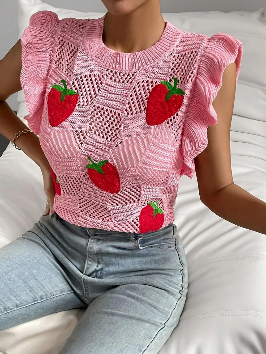 Milumia Women's Strawberry Sweater Vests Ruffle Trim Sweater Tank Top Crew Neck Knit Vest