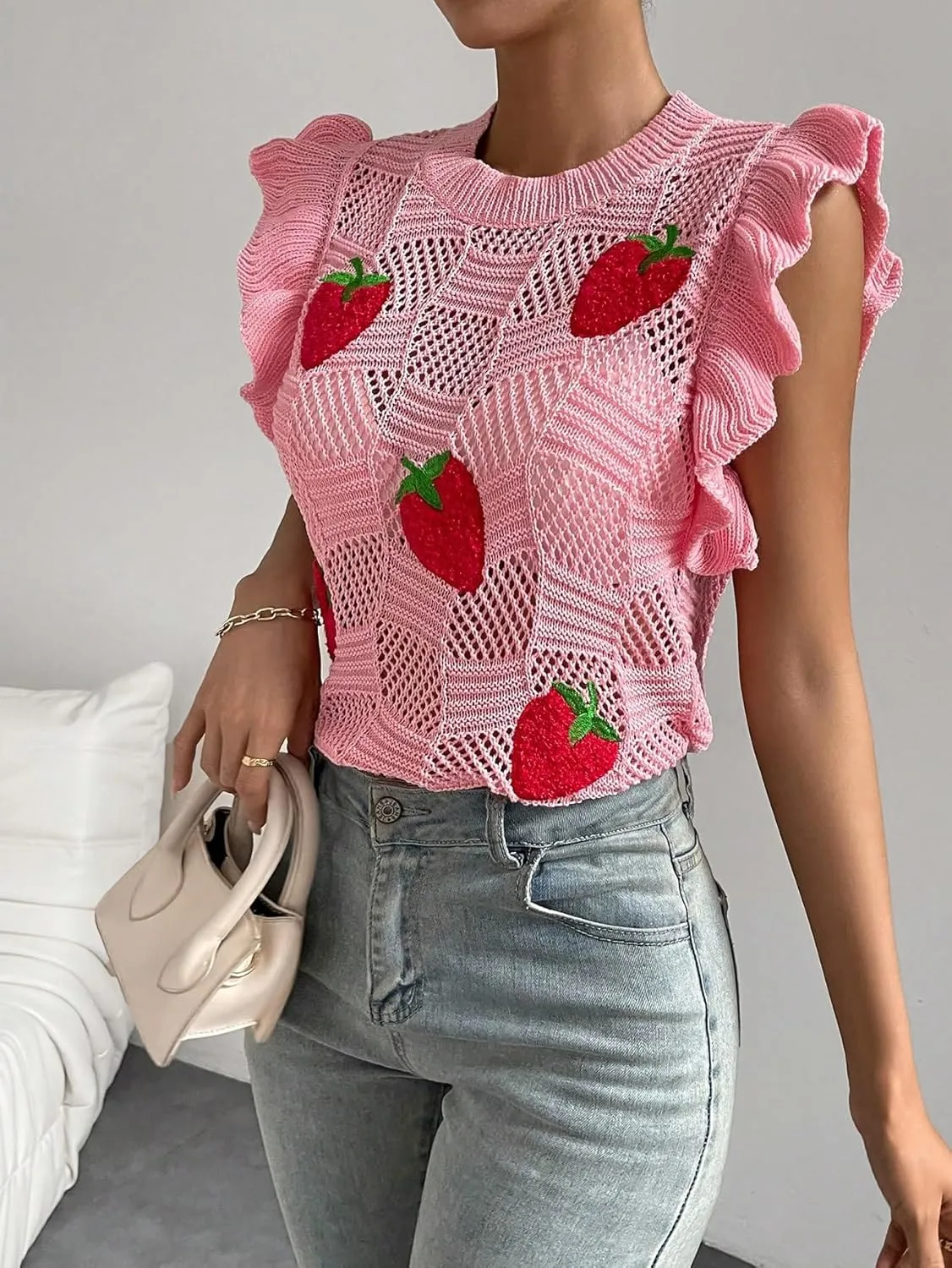 Milumia Women's Strawberry Sweater Vests Ruffle Trim Sweater Tank Top Crew Neck Knit Vest