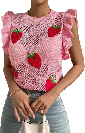 Milumia Women's Strawberry Sweater Vests Ruffle Trim Sweater Tank Top Crew Neck Knit Vest