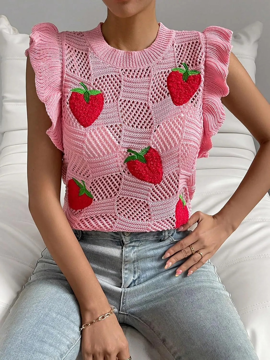 Milumia Women's Strawberry Sweater Vests Ruffle Trim Sweater Tank Top Crew Neck Knit Vest
