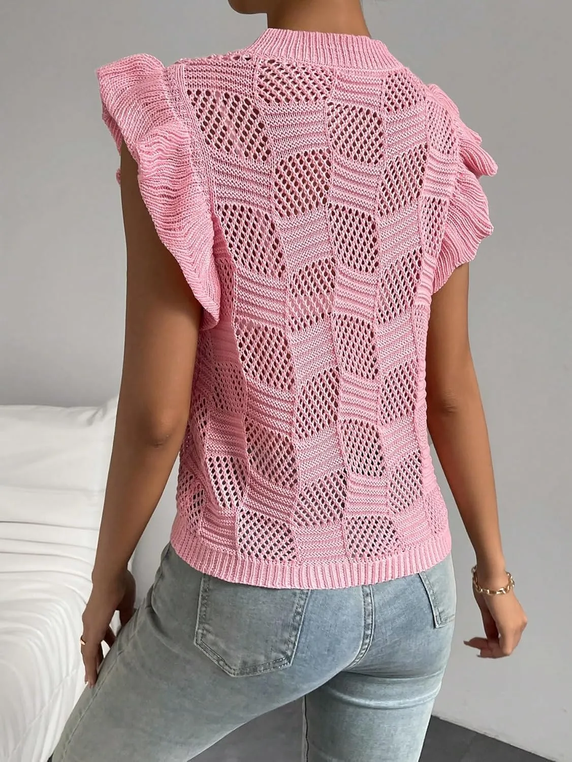 Milumia Women's Strawberry Sweater Vests Ruffle Trim Sweater Tank Top Crew Neck Knit Vest