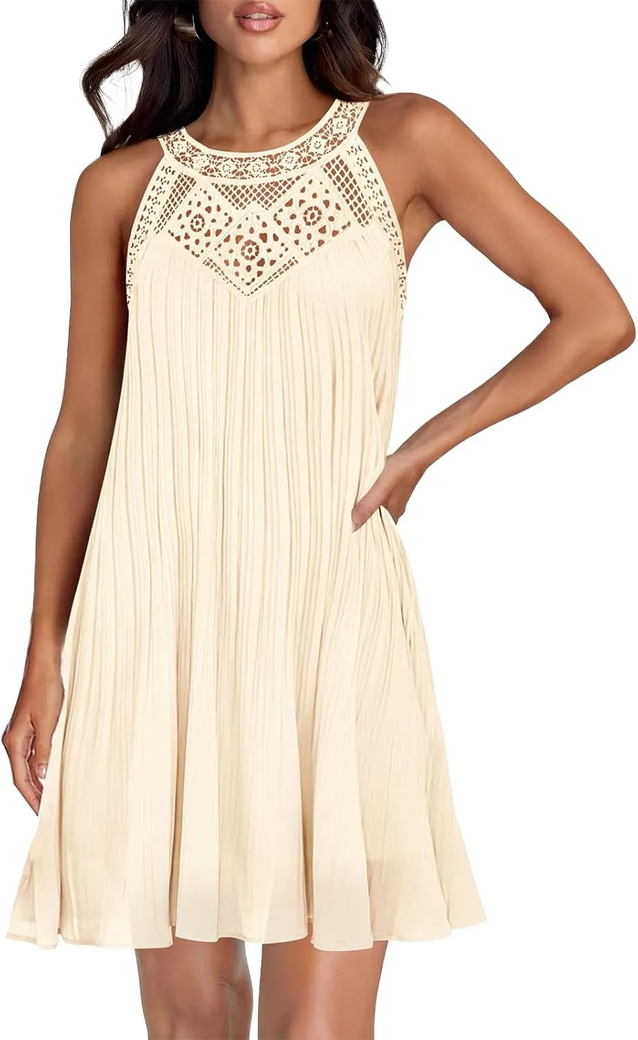 Mini Dresses for Women Summer Round Neck Sleeveless Tank Dress Trendy Loose Hollow Out Pleated Hem Beach Sundress
