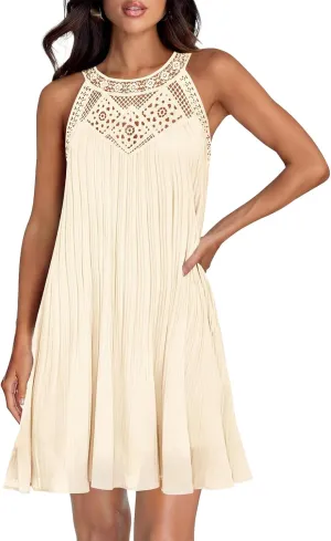 Mini Dresses for Women Summer Round Neck Sleeveless Tank Dress Trendy Loose Hollow Out Pleated Hem Beach Sundress