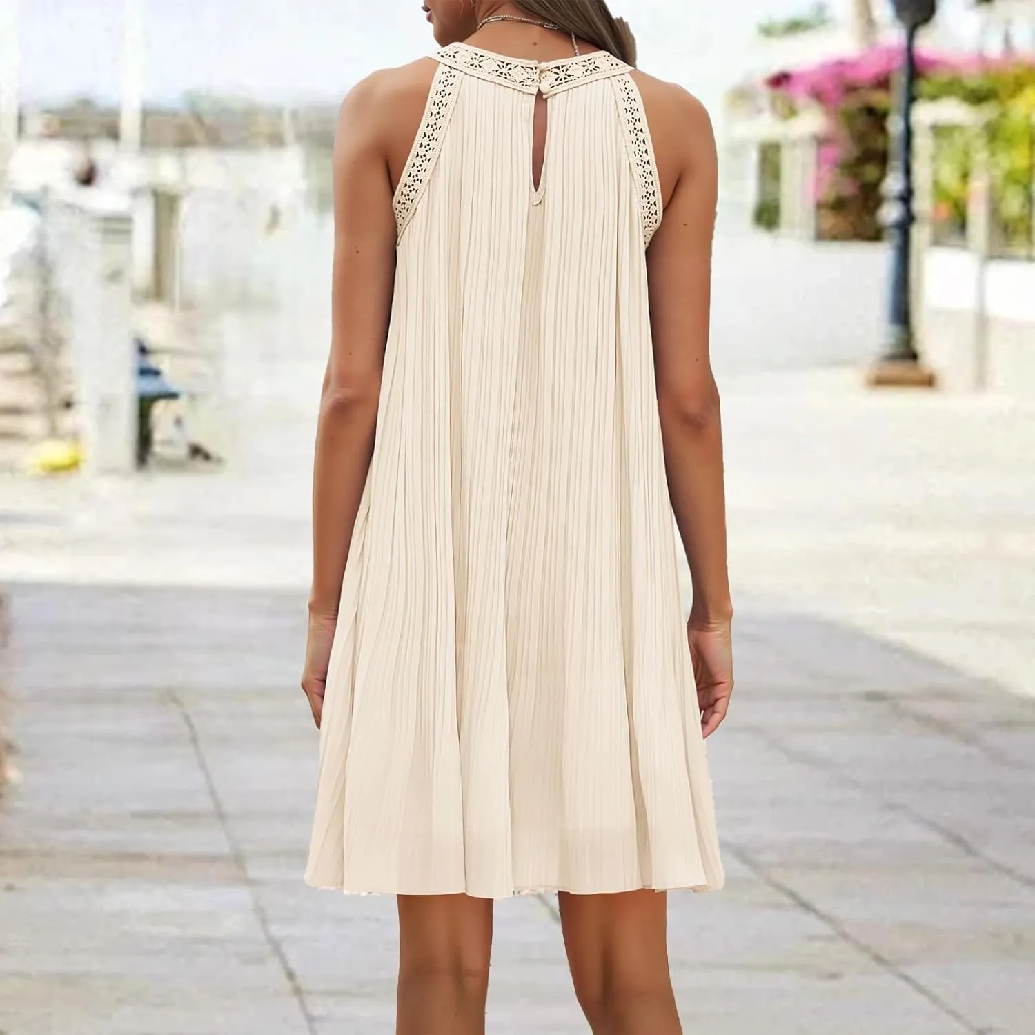 Mini Dresses for Women Summer Round Neck Sleeveless Tank Dress Trendy Loose Hollow Out Pleated Hem Beach Sundress