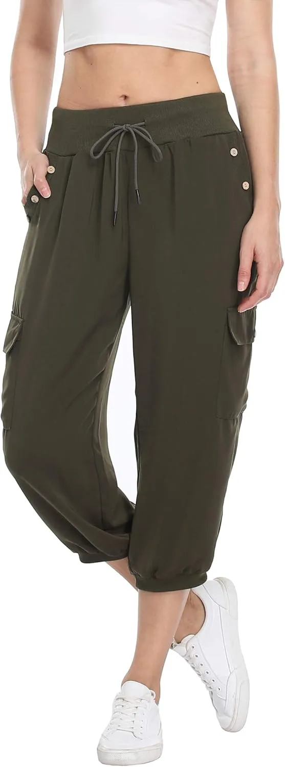 MISS MOLY Women's Loose Cropped Capris Cargo Joggers Pants Harem Sweatpants Stylish Soft Casual with Pockets (Army Green, X-Large)