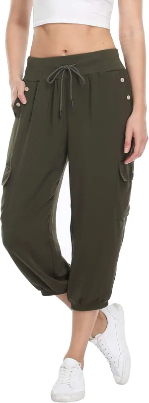 MISS MOLY Women's Loose Cropped Capris Cargo Joggers Pants Harem Sweatpants Stylish Soft Casual with Pockets (Army Green, X-Large)