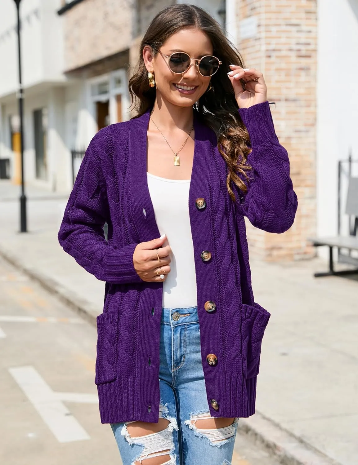MISSKY Women's Open Front Cardigan Sweater with Pockets Long Sleeve Cable Knit Button Loose Cardigan Sweater Outwear