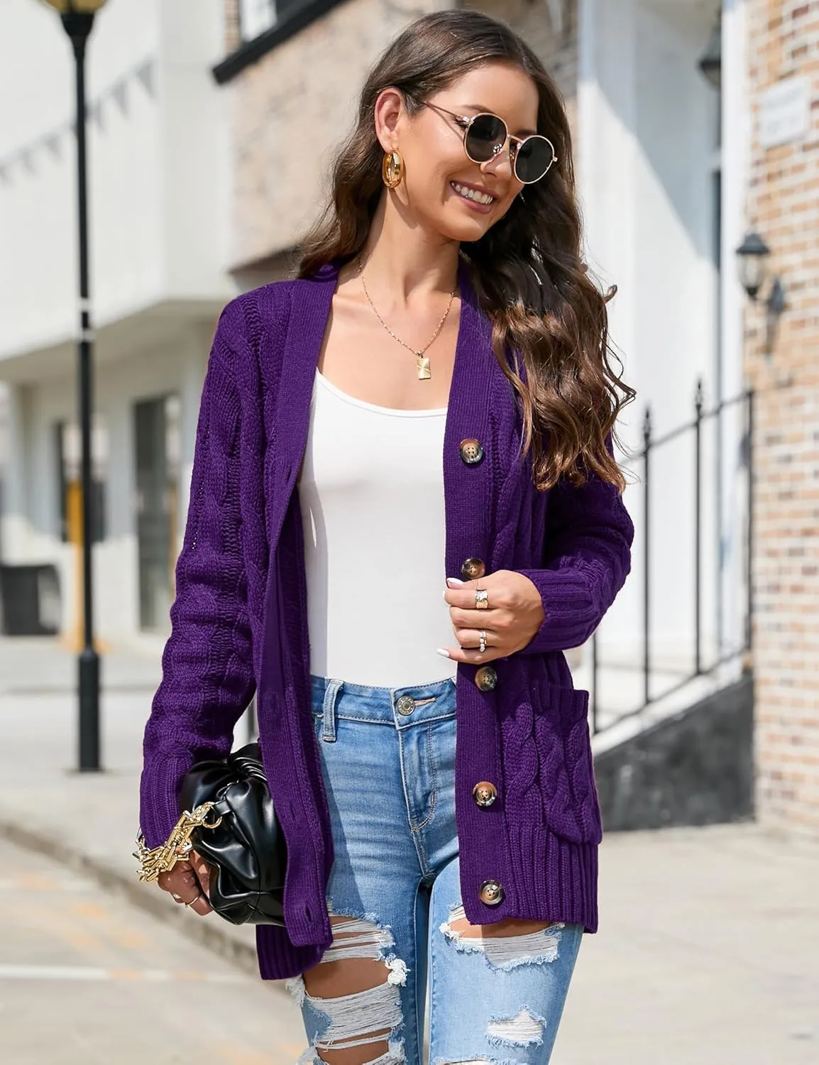 MISSKY Women's Open Front Cardigan Sweater with Pockets Long Sleeve Cable Knit Button Loose Cardigan Sweater Outwear