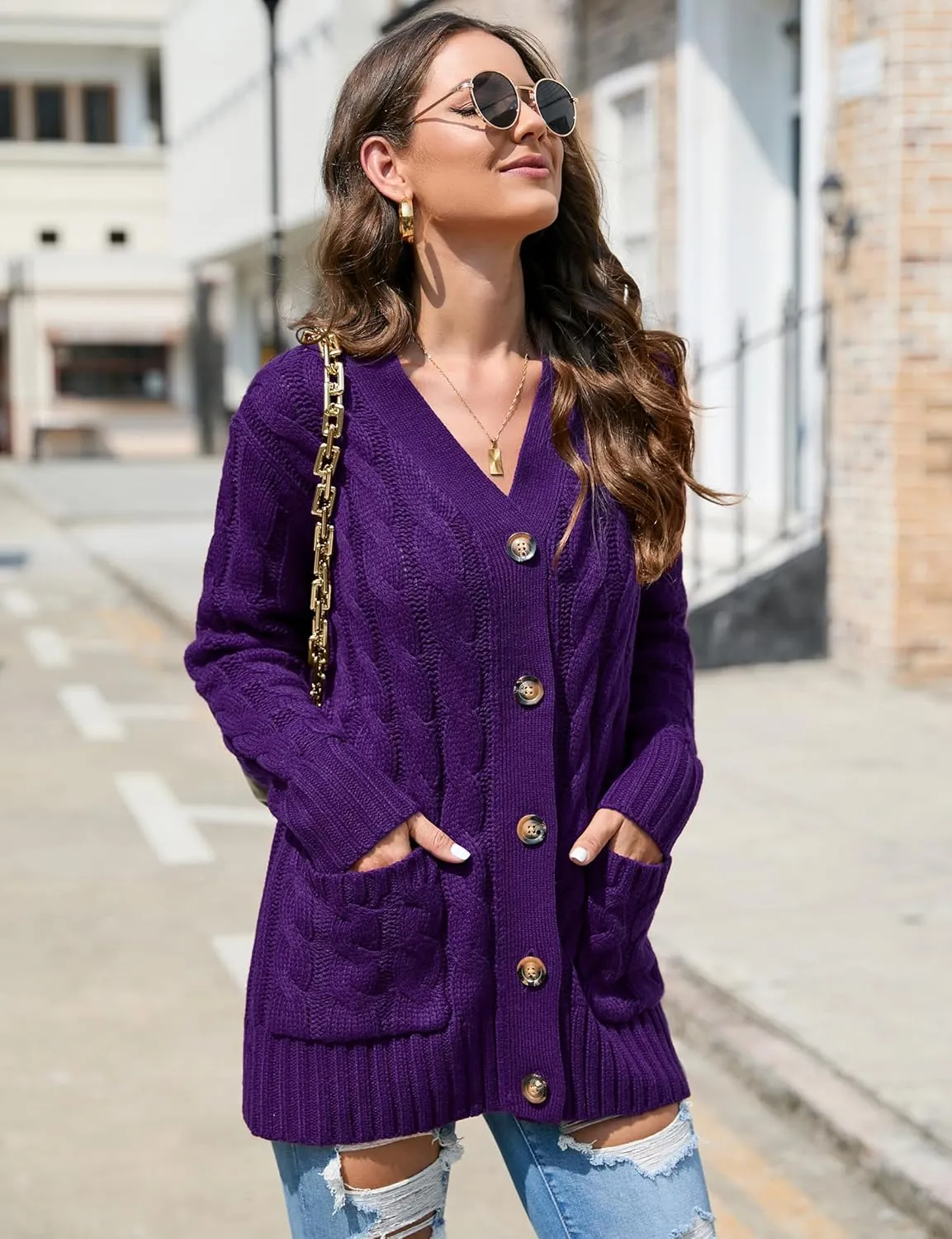MISSKY Women's Open Front Cardigan Sweater with Pockets Long Sleeve Cable Knit Button Loose Cardigan Sweater Outwear