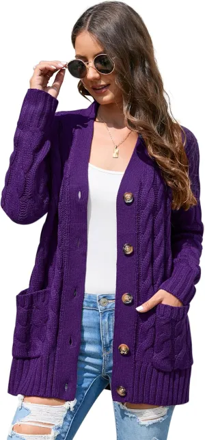 MISSKY Women's Open Front Cardigan Sweater with Pockets Long Sleeve Cable Knit Button Loose Cardigan Sweater Outwear